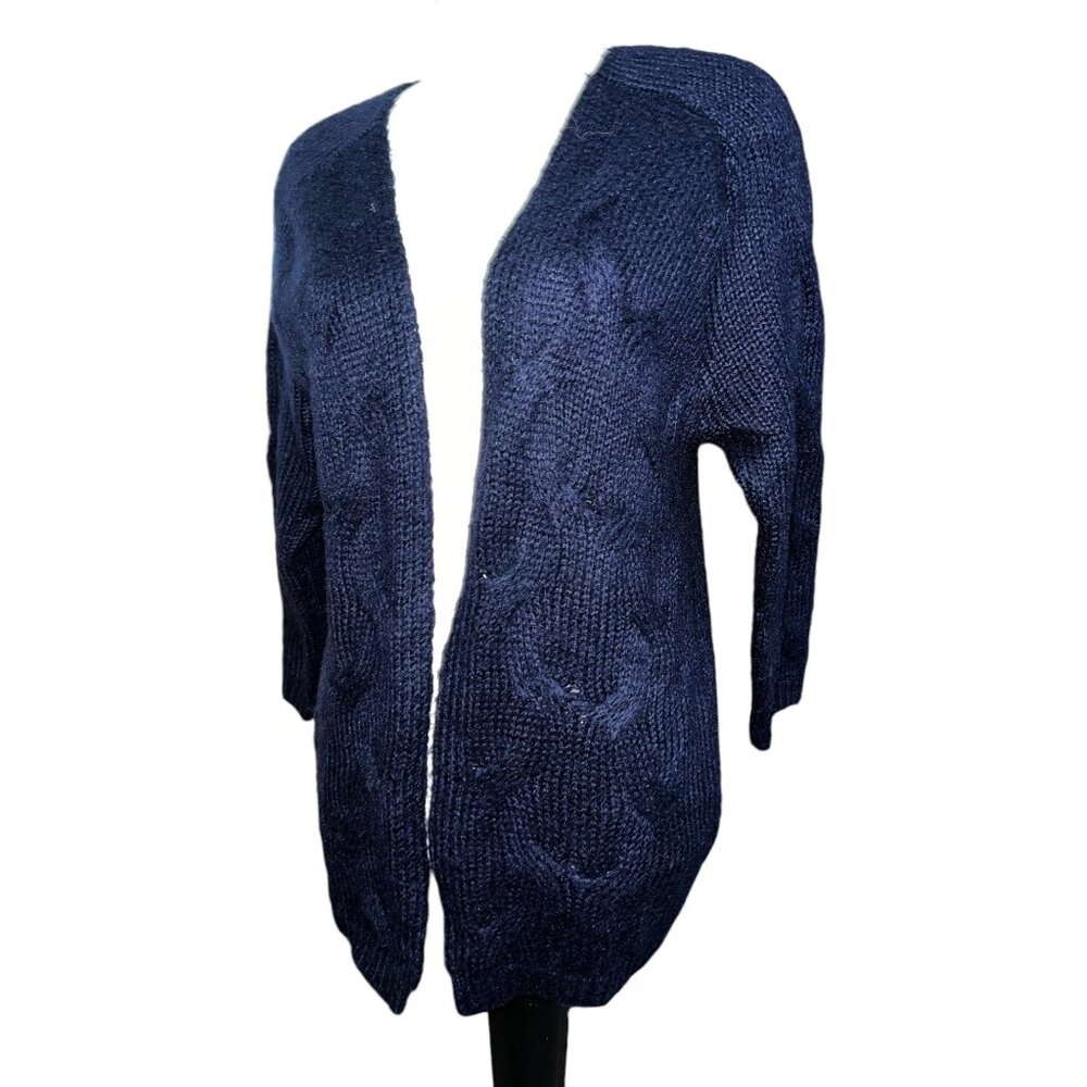 36 Point 5 Open Front Thick Knit Cardigan Sz Medium Womens Navy Blue Long Sleeve